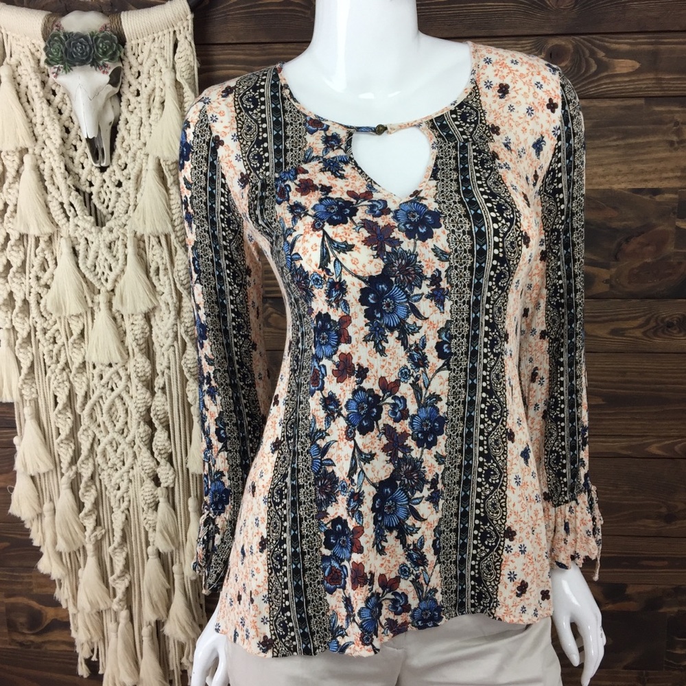 Love Riche | Striped Floral Boho‎ Keyhole Ruffle Blouse